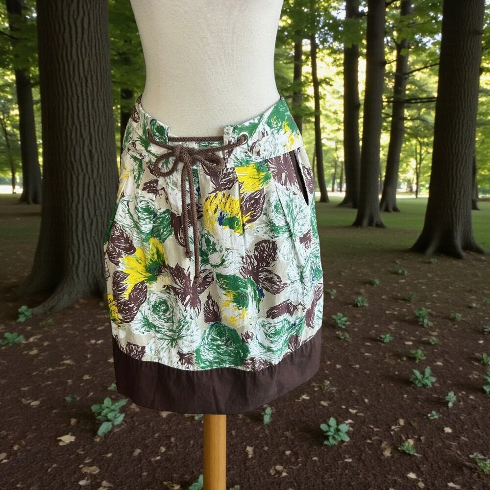 Lee Mathews Retro Styled Skirt Green Brown Full A-Line Cotton Full Size 2